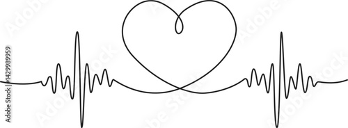 Heart beat one line. Continuous lines heart beats drawing. Wave pulse. Hand draw heartbeat. Design heartbeat for print. Black silhouette cardiogram isolated on white background. Vector Editable Stroke