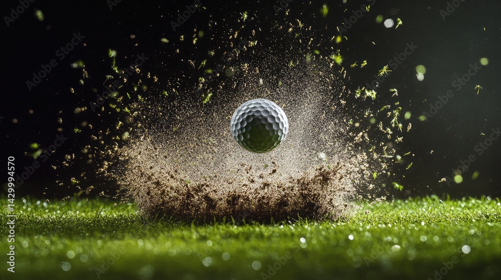 Grass-clipping spray with golf ball in mid-air and sign marking the hole in sharp contrast