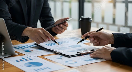 Reunión de personas de negocios para analizar, discutir y generar ideas sobre los datos del gráfico del informe financiero en la oficina. Trabajo en equipo del asesor financiero y concepto de contabil