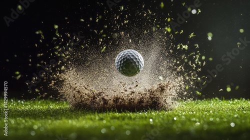 Obraz na płótnie Grass-clipping spray with golf ball in mid-air and sign marking the hole in sharp contrast w salonie