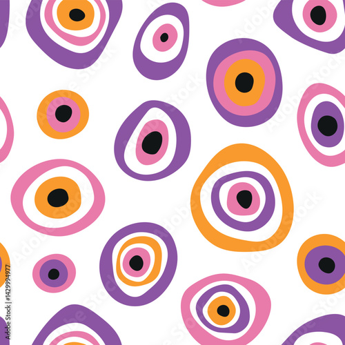 Cute seamless pattern design with evil eye, Nazar. Hand drawn talismans in pink, yellow and purple tones. Modern design. Vector illustration.eps