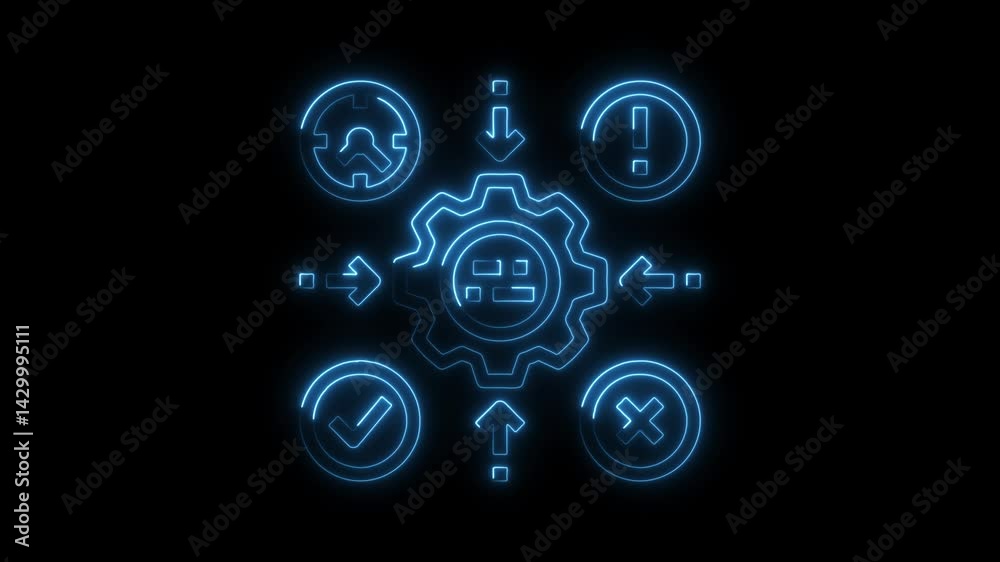 Neon style workflow process icon animation on black background