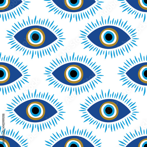 Seamless pattern with evil eyes. Esoteric mystical background. Cute hand drawing icons. Modern amulet design for prints, home decor, textile printing. Boho art.eps