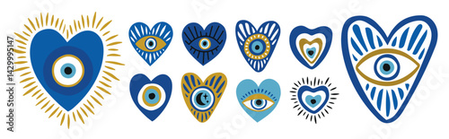 Set of evil eyes in the shape of a heart. Nazar, hand drawn icons of amulets and talismans with modern design in boho style. for prints, decoration, patterns..eps