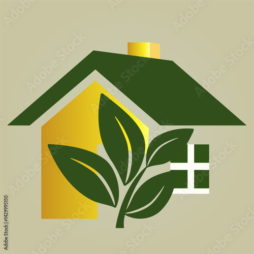 Logo with a house and a decorative tree in front of it. House with windows