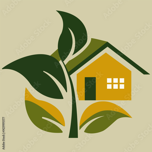 Logo with a house and a tree. Minimalistic vector drawing