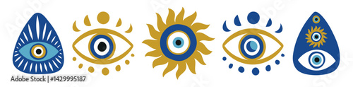 Set of evil eyes, nazar, hamsa. Esoteric protective icons with sun, moon and stars. Various shapes of talismans in blue tones. Modern vector illustration.eps