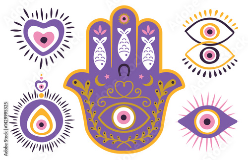 Set of protective amulets, hamsa and nazar. Symbol of luck, evil eye. Editable hand-drawn illustration in shades of pink, yellow and purple..eps