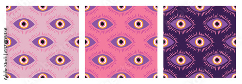 Set of seamless pattern with evil eyes. Esoteric mystical background. Hand drawn icons. Modern amulet design for prints. Pink and purple tones. Boho art.eps