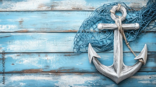 Ocean-themed styling with decorative anchor and net on a textured, reclaimed wood background