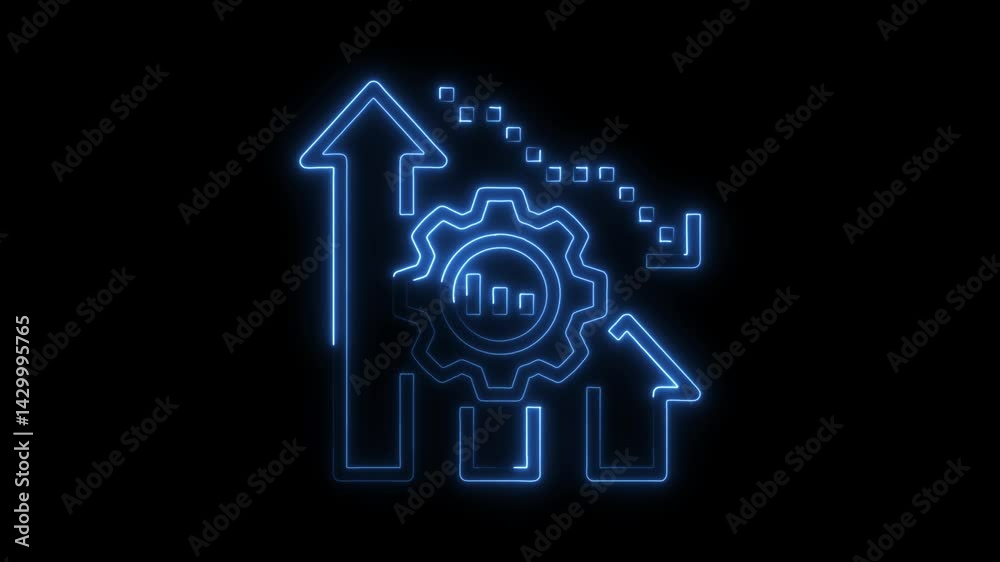 Neon style business growth and development animated concept with arrow bar graph and gear on black background Neon style business growth and development animated concept with arrow bar graph and gear on black background