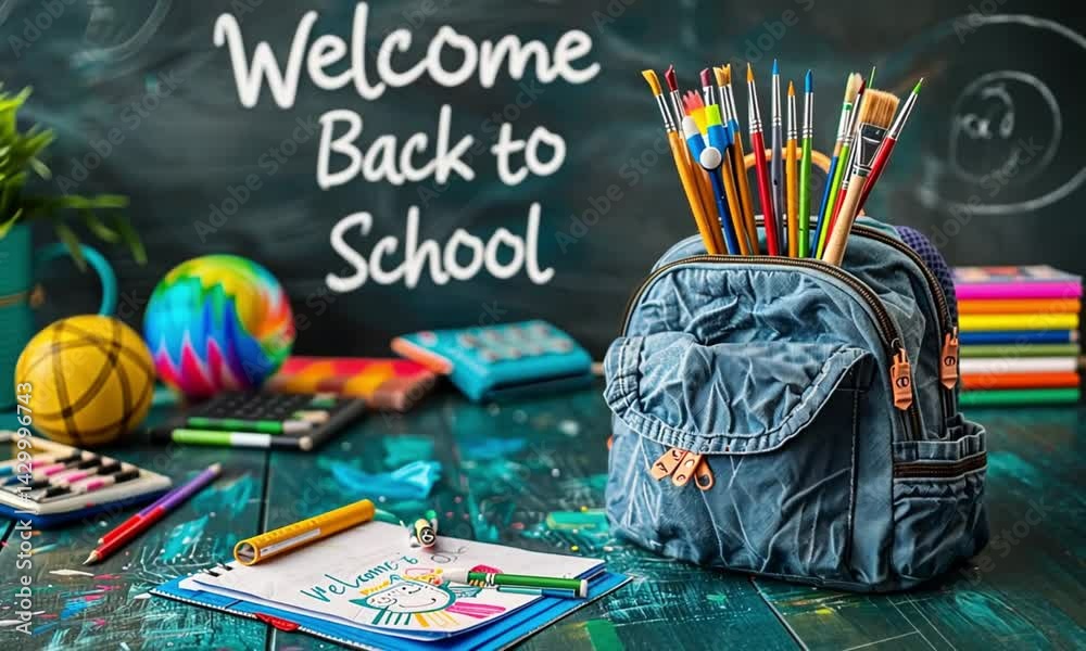 School supplies in backpack, welcome back message.