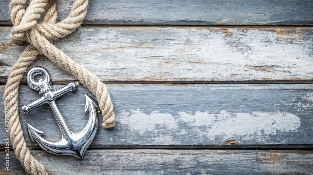 Obraz premium Wooden surface layered with sea rope and a silver anchor creating a rustic nautical display