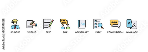 English class banner web icon set vector illustration symbol concept with icon of student, language, talk, writing, vocabulary, essay, conversation, test