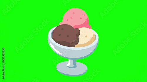 Ice cream creamy in a glass bowl, chocolate vanilla strawberry flavours icon sign symbol. Colourful Vector animation, motion graphic video footage. Isolated green screen background