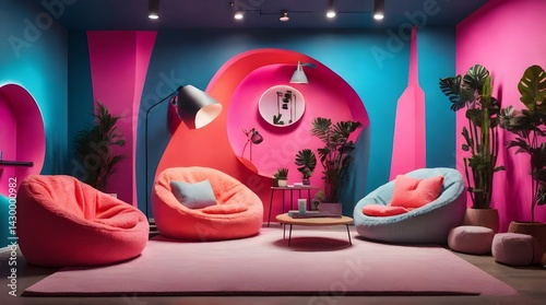 Casual podcast studio with cozy beanbag chairs, handheld microphones.generative.ai