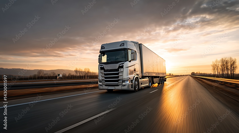 Modern white semi-truck driving on highway at sunset Modern white semi-truck driving on highway at sunset