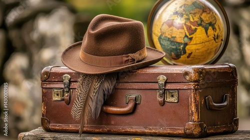A felt hat with a feather band sitting on a vintage suitcase near an old globe photo