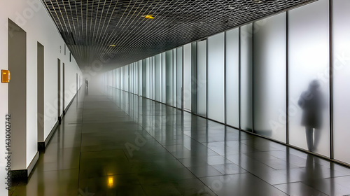 with warped ceiling tiles and indistinct figures behind frosted glass