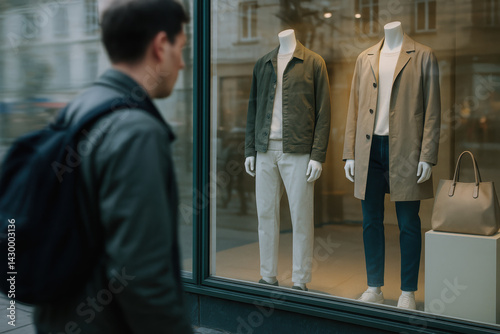Stylish mannequins showcase modern fashion in store window reflecting stagnation in economy