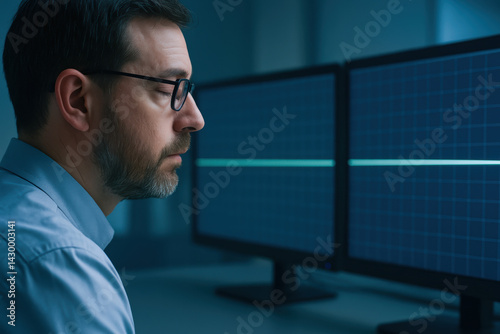 man sits in front of dual monitors reflecting on stagnation in economy while analyzing data trends