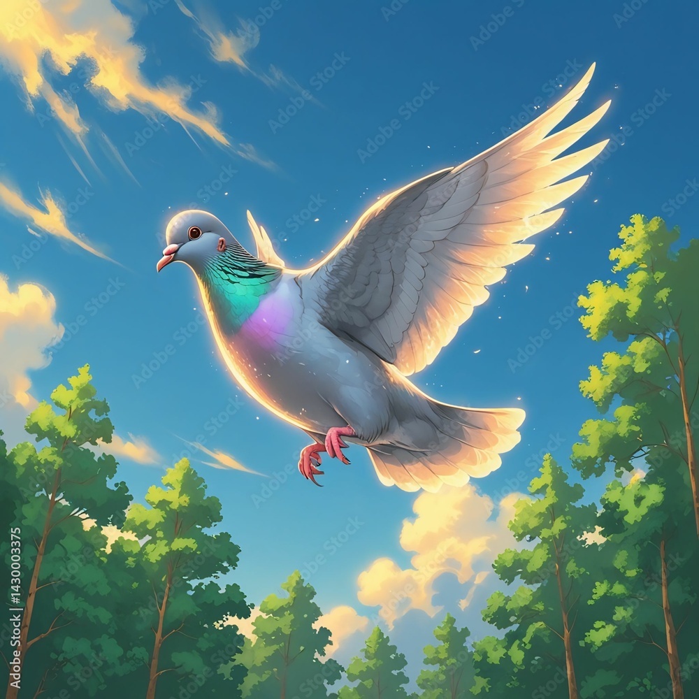 Fototapeta premium A crisp, morning sun casts a warm, golden glow on the freed pigeon as it soars into the sky, its iridescent feathers glistening with dew, wings fully extended, and tail feathers fanned out, against a