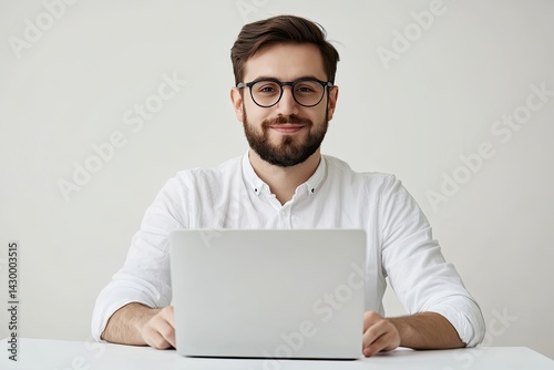 Portrait of a professional IT specialist on a white background working on a laptop.