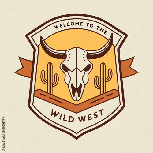 Vintage Wild West Emblem with Bull Skull and Cactus