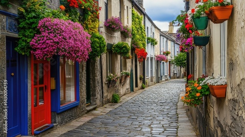 Fototapeta Naklejka Na Ścianę i Meble -  A narrow cobblestone street in a quaint Irish town, with colorful flower boxes hanging from the windows.