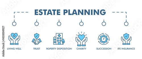 Estate planning banner web icon vector illustration concept with icon of living well, trust, property disposition, charity, succession, life insurance