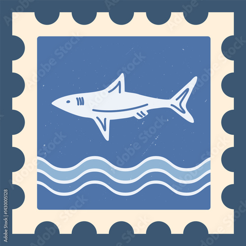 Stamp with sea animals in a minimalist style. Shark on a blue background on the waves. Vintage style