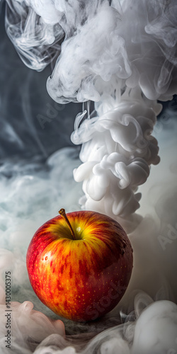 Red Yellow Apple in White and Grey Ink Cloud