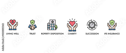 Estate planning banner web icon vector illustration concept with icon of living well, trust, property disposition, charity, succession, life insurance