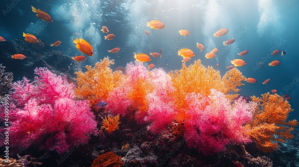 Fototapeta premium Vibrant coral reef teeming with colorful fish in a sunlit underwater scene.