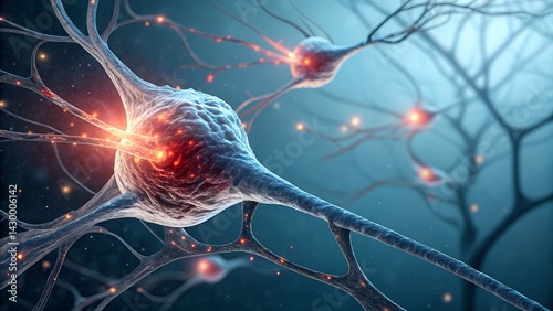 Microscopic view of active neurons firing electrical impulses across brain cells representing neural network activity and connectivity for medical or scientific backgrounds