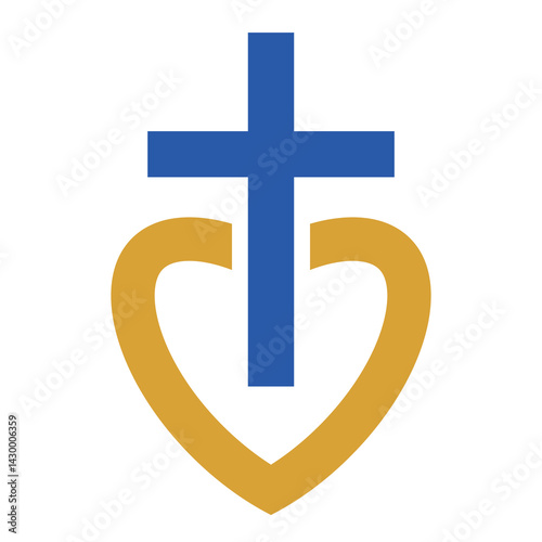 Cross and heart, love for Jesus. Emblem for a local church. Flat vector illustration isolated on white background.