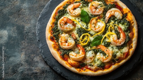 High-end presentation of shrimp pizza on a slate plate with lemon zest curls and sauce lines