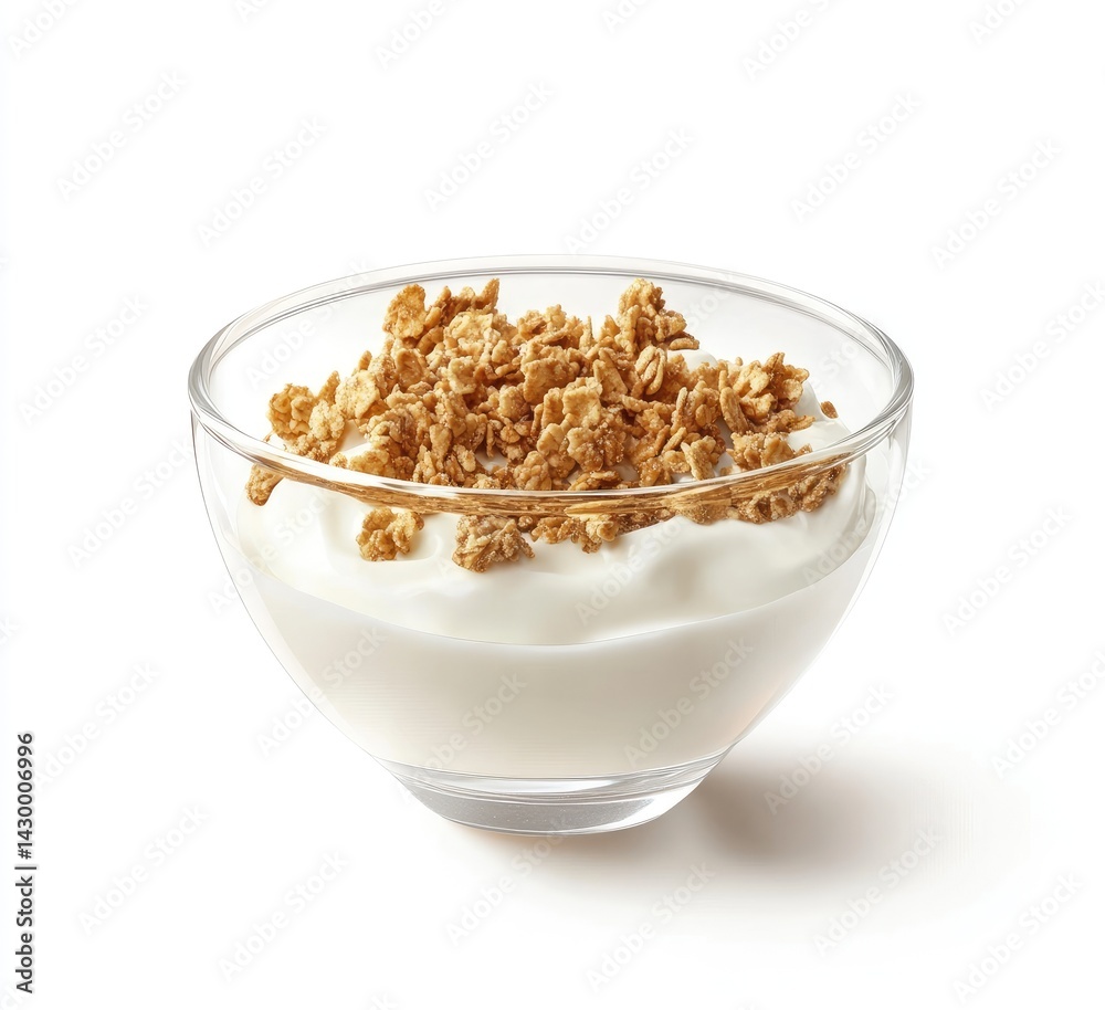 Yogurt with granola in glass bowl Yogurt with granola in glass bowl