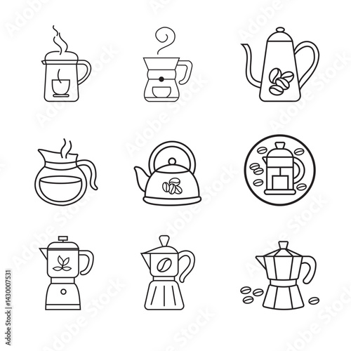 Minimalist Black and White Line Art Icons of Coffee and Tea Equipment – Vector Illustration for Cafe Menus and Beverage Culture.eps, Minimalist Line Art Icons of Coffee Grinders and Espresso Machines 
