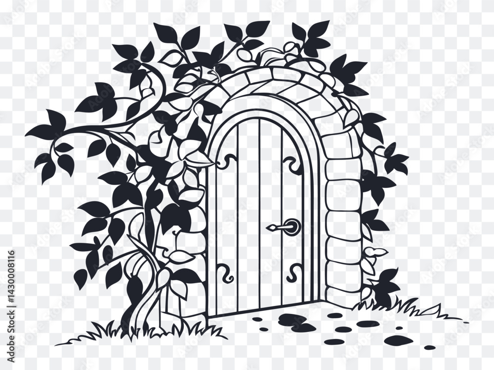 Mystical garden arched doorway with climbing vines and stone frame illustration, perfect for fairy tale concepts, fantasy designs, enchanted storybooks, and whimsical nature art themes.