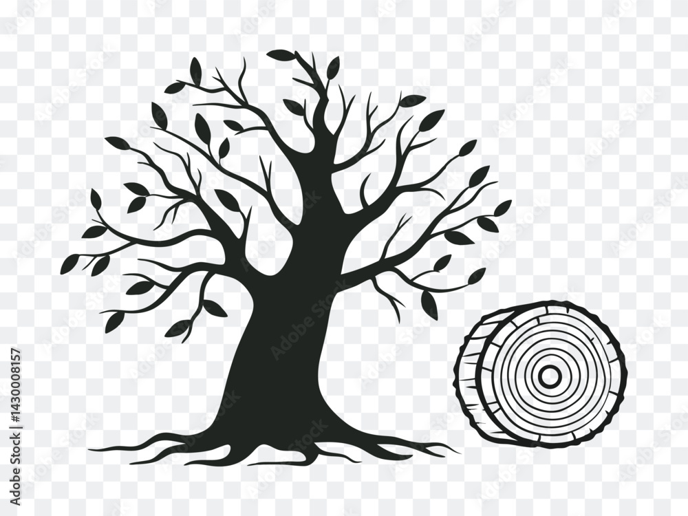 Tree silhouette with roots and leaves alongside a wood log cross-section, symbolizing growth, nature, and forestry, perfect for eco, timber, seasonal, or environmental design themes.