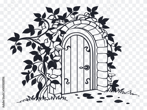 Obraz na płótnie Mystical garden arched doorway with climbing vines and stone frame illustration, perfect for fairy tale concepts, fantasy designs, enchanted storybooks, and whimsical nature art themes.
w salonie