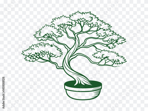 Elegant green line art illustration of a bonsai tree in a pot, symbolizing nature, peace, growth, and balance, ideal for botanical projects, designs, and natural-themed artwork.