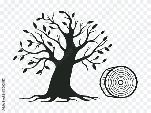 Obraz na płótnie Tree silhouette with roots and leaves alongside a wood log cross-section, symbolizing growth, nature, and forestry, perfect for eco, timber, seasonal, or environmental design themes.
w salonie