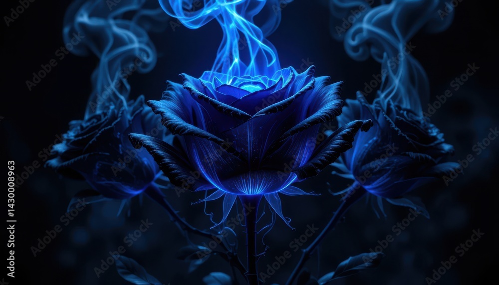 Fototapeta premium Enigmatic Blue Roses: A trio of meticulously rendered blue roses, with petals in intricate detail, emitting ethereal smoke, evoking a sense of mystique and enchantment. 