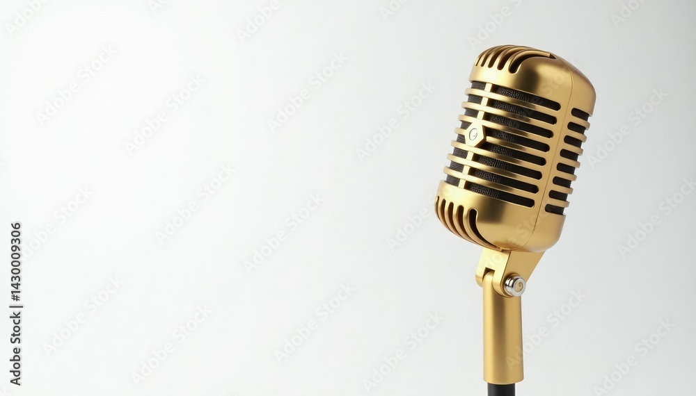 Fototapeta premium Single gold microphone isolated on pure white backdrop , white background, instrument