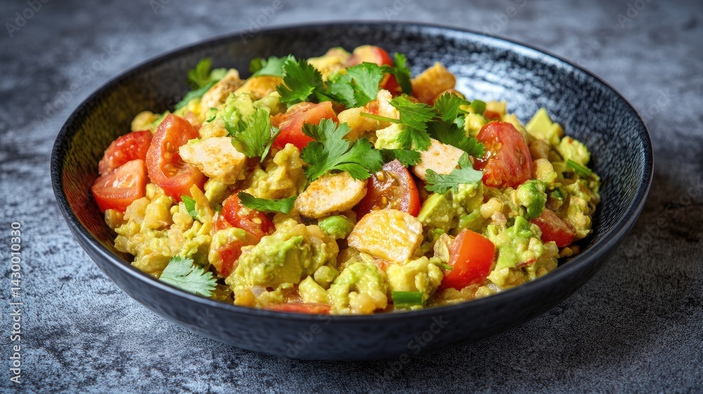 Flavorful chicken and avocado salad in a dark bowl. Flavorful chicken and avocado salad in a dark bowl.