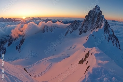 Panoramic alpine vista at sunrise, showcasing snowy peaks and glacial valleys.