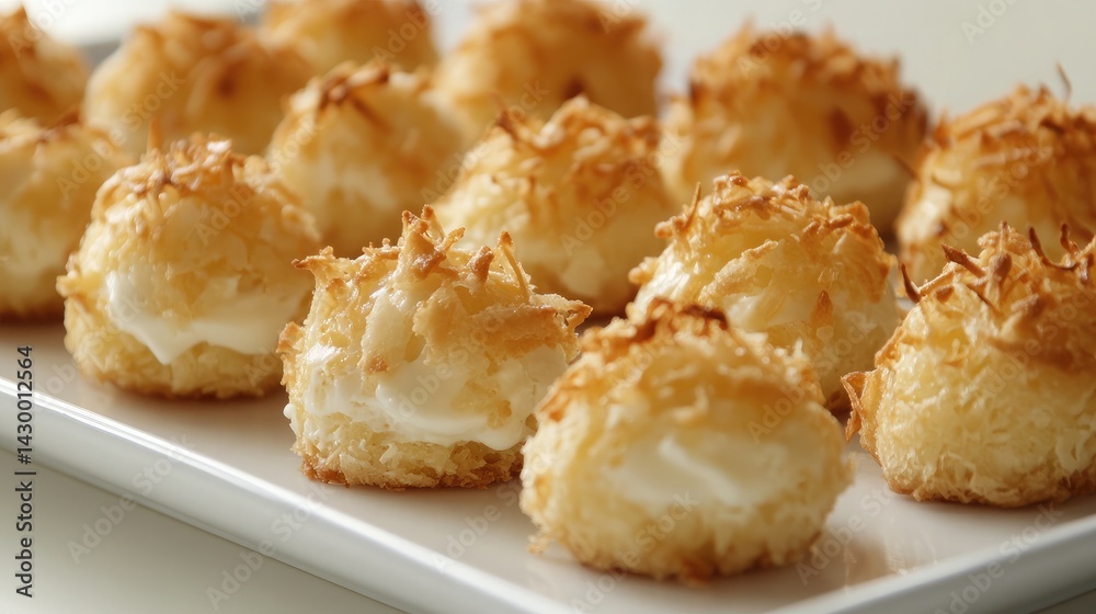 Coconut cream puffs with golden crusts lined on a white plate, smooth white topping glistening in natural light Coconut cream puffs with golden crusts lined on a white plate, smooth white topping glistening in natural light