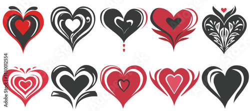 Set of decorative hearts. Red and black. Vector